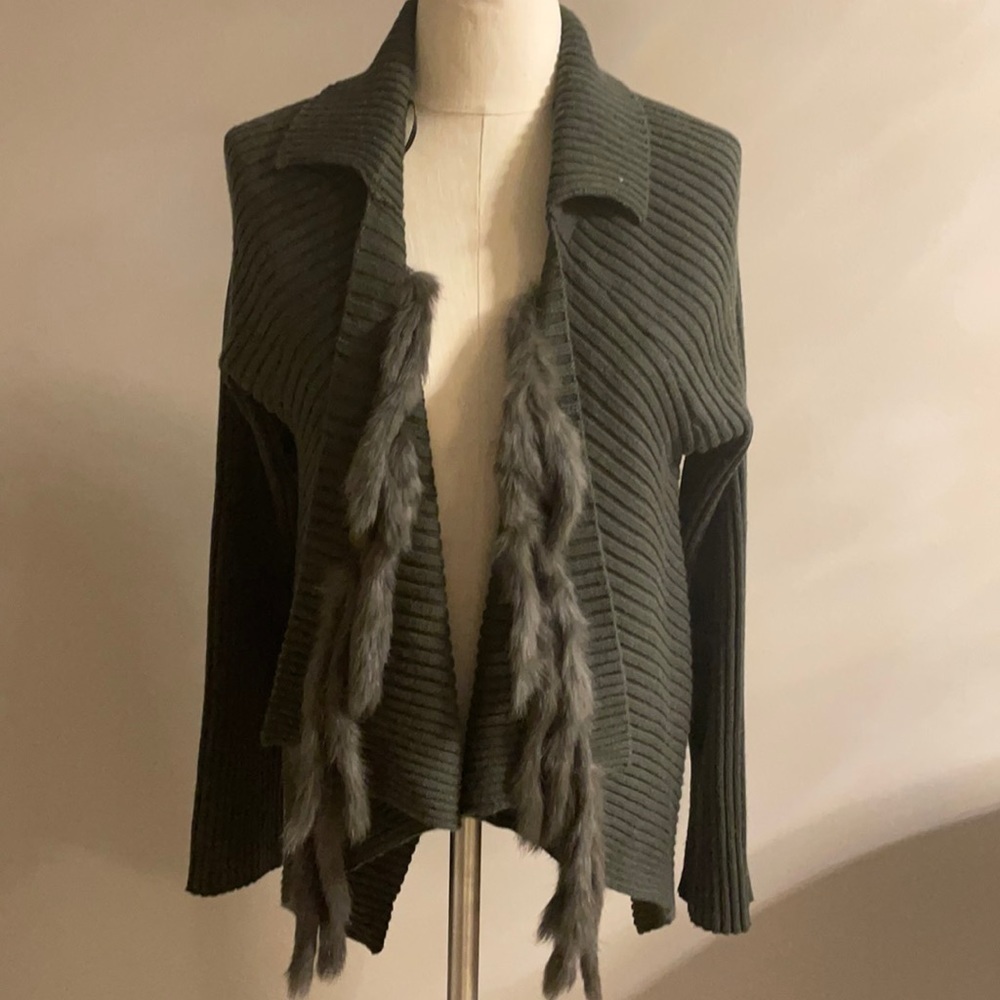 São Paulo green wool cardigan sweater with cascade rabbit fur open front Large